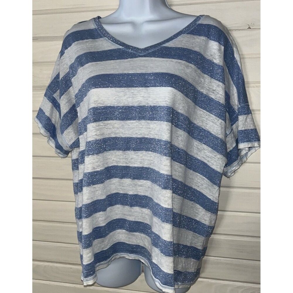 CHICOS Sz 3 (XL) Blue White Striped Shine Linen Tee V-Neck Lightweight EUC